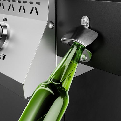 Metal bottle opener mounted on the side of a gas barbecue, with a green bottle.