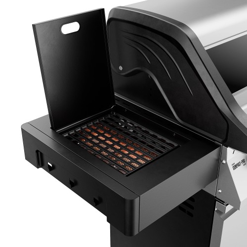 Open side shelf of a gas grill with the FLAME ZONE ceramic burner glowing.
