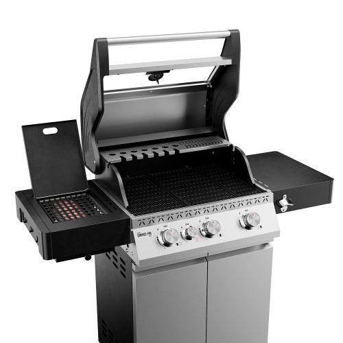 Silver Koler Krone Compact Pro gas barbecue with the lid open and a FLAME ZONE side burner.