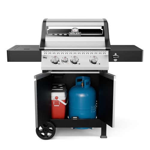 Silver Koler gas barbecue with an open cabinet containing a blue gas cylinder and a red fridge.