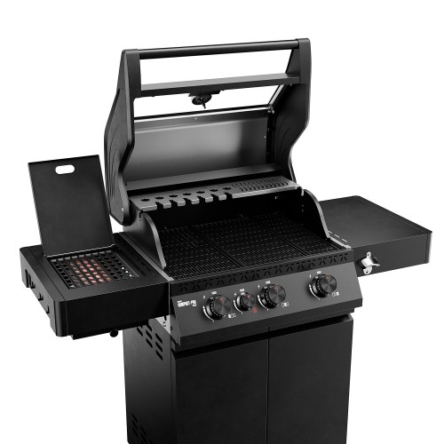 Black gas barbecue with the lid open, a side burner, cooking grates and control knobs.