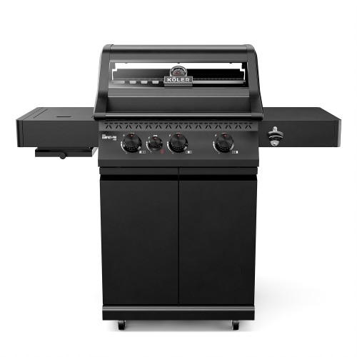 Black Köler gas barbecue with a glass window in the lid, four control knobs, side shelves and a lower cabinet.