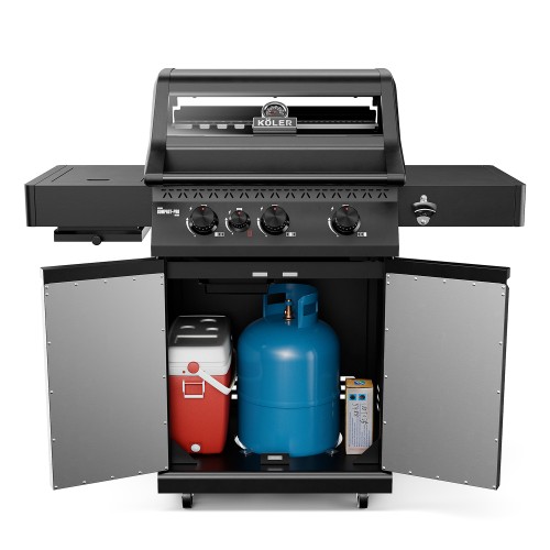 Black Köler gas barbecue with the lower cabinet open, showing a blue gas cylinder and a red fridge inside.