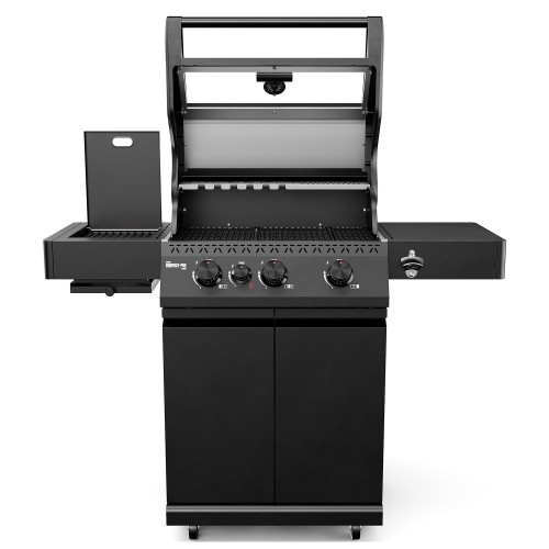 Black Koler Krone Compact Pro gas barbecue with the lid open, control knobs and side shelves.