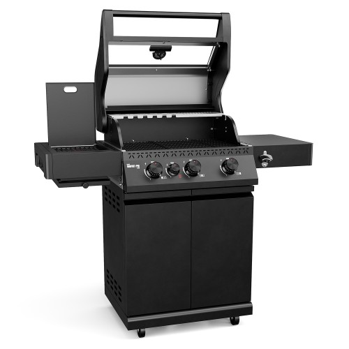 Black Koler Krone Compact Pro gas barbecue with the lid open, featuring a window, four knobs and a wheeled cabinet.