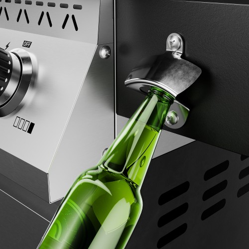 Metal bottle opener mounted on the barbecue casing, with a green glass bottle inserted.