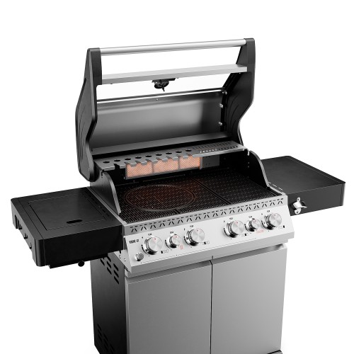 Silver and black Koler Krone S1 gas barbecue with the glass-panelled lid open, cooking grates and side shelves.