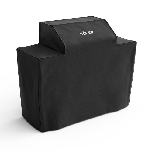 Black protective cover for a gas barbecue with a white KÖLER logo