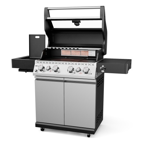 A Koler Krone S1 gas barbecue with the lid open, side shelves and a two-door cabinet on castors.