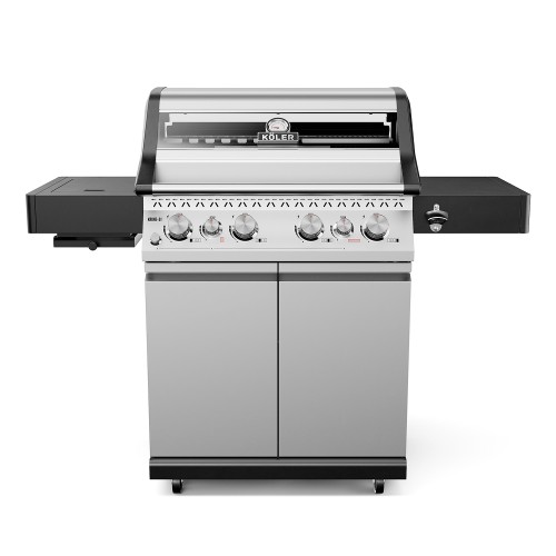 Silver KÖLER Krone S1 gas barbecue with the lid closed, six knobs and black side shelves.