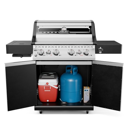 A Köler Krone S1 gas barbecue with the cabinet open, containing a blue gas cylinder and a red cool box.