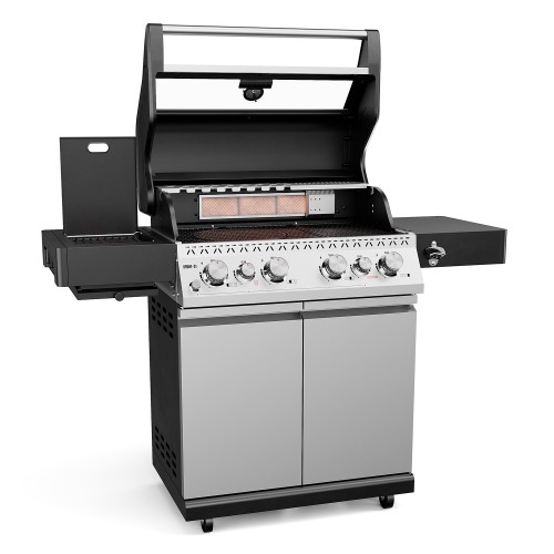 Silver and black Koler Krone S1 gas barbecue with the lid open, side shelves and a wheeled cabinet.