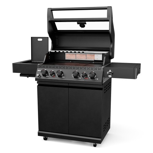Black Koler Krone S1 gas barbecue with the lid open, control knobs, cooking grates and side shelves.
