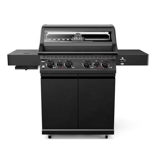Black Koler Krone S1 gas barbecue with a window in the lid, control knobs and a two-door cabinet on wheels.