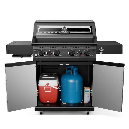 Black Koler gas barbecue with the lower cabinet open, showing a blue gas cylinder and a red fridge inside.