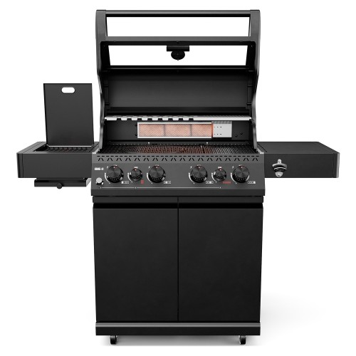 Black Koler Krone S1 gas barbecue with the lid open, cooking grate, control knobs and side shelves.
