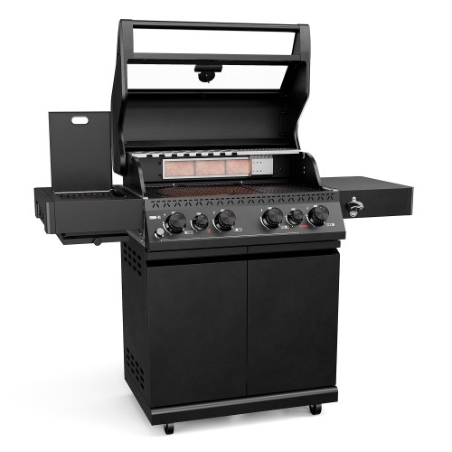 Black Koler Krone S1 gas barbecue with the lid open and its glass window, cabinet and side shelves.