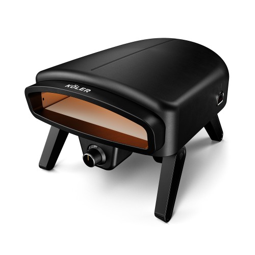 Black KÖLER gas pizza oven on folding legs, with a temperature control knob.