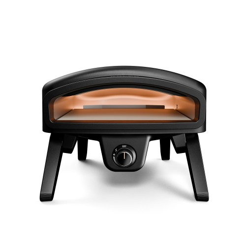 Black Koler Bene 14 gas pizza oven with a heated interior, baking stone and control knob.