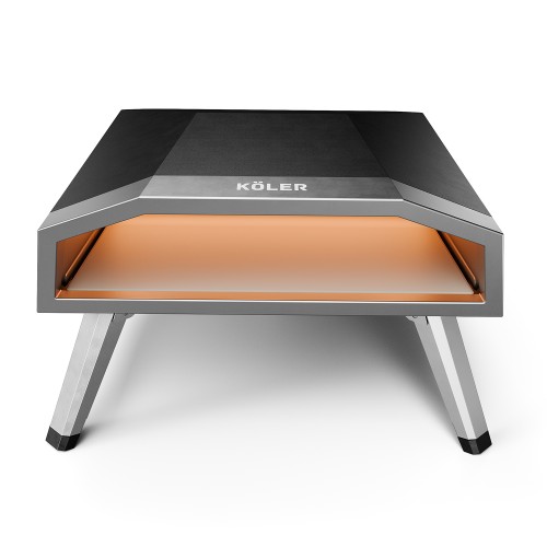 Black and silver KÖLER gas pizza oven on metal legs, with the illuminated baking chamber visible.