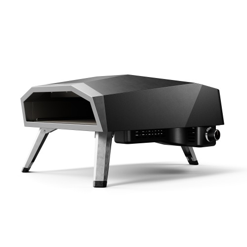 Black and silver Koler Bene 16 gas pizza oven on folding metal legs.