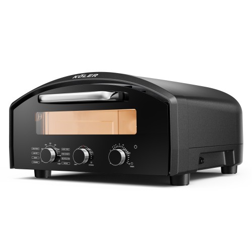 Black KÖLER electric pizza oven with a window, handle and three control knobs on the front panel.