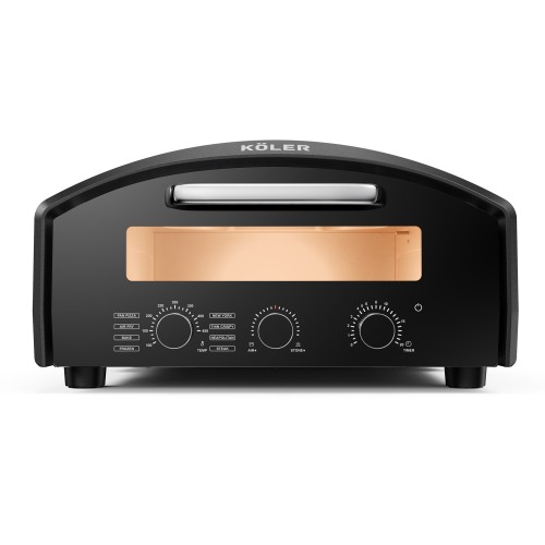 Black KÖLER BENE VOLTERA pizza oven with an illuminated interior and a control panel with knobs.