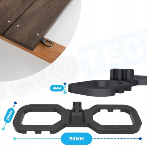 Black ventilation pad for decking boards, measuring 90x29x4 mm, with an example of it fitted on a joist.