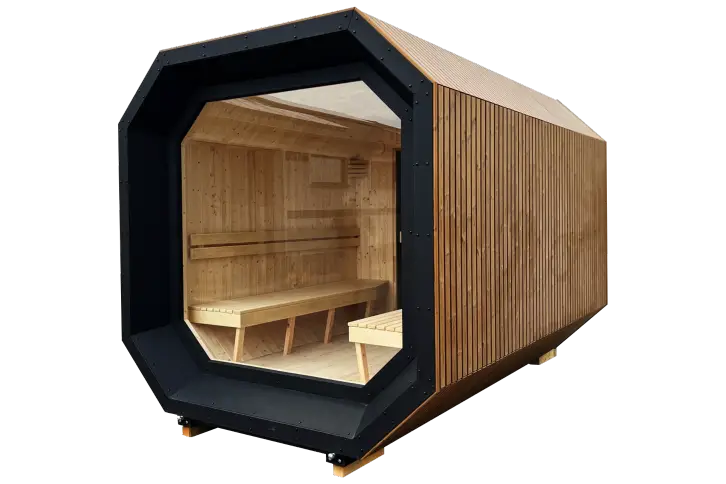 Scandi garden sauna with its interior visible