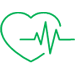 Green outline icon of a heart with a pulse line