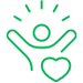 Green icon of a figure with raised arms and a heart, symbolising health and wellbeing.
