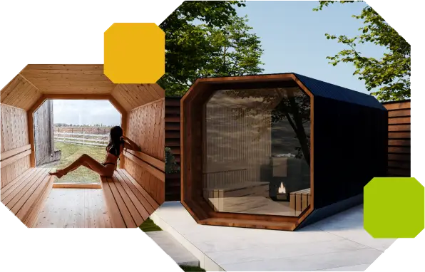 Scandi sauna in a garden and its wooden interior