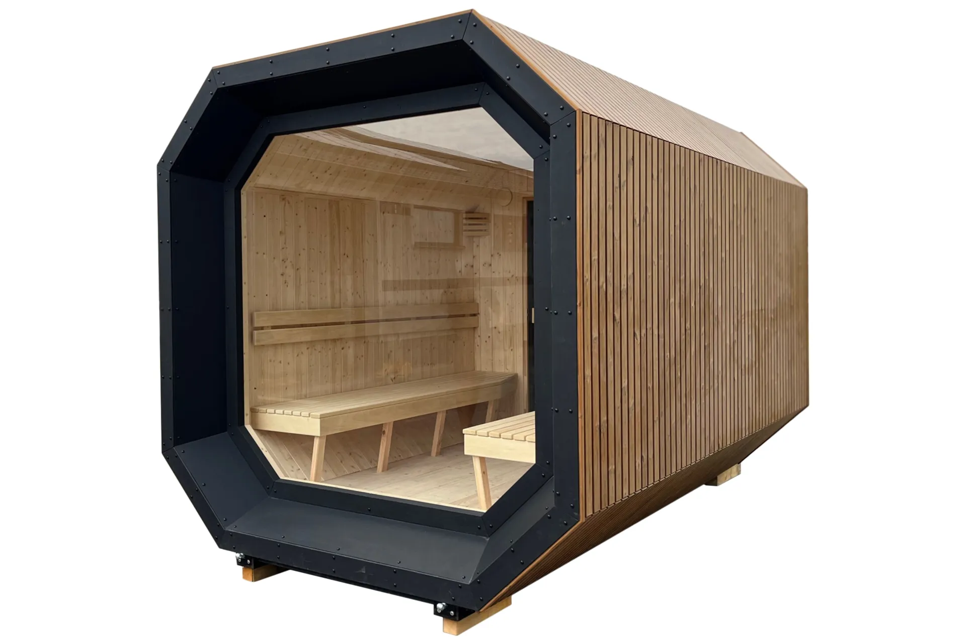 A modern garden sauna with a façade of vertical wooden slats, a black frame and a glazed front.