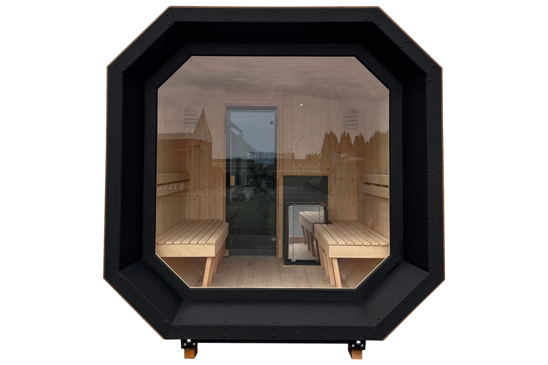 A modern octagonal Scandi Finnish sauna with a black exterior, large glazed section and wooden interior.