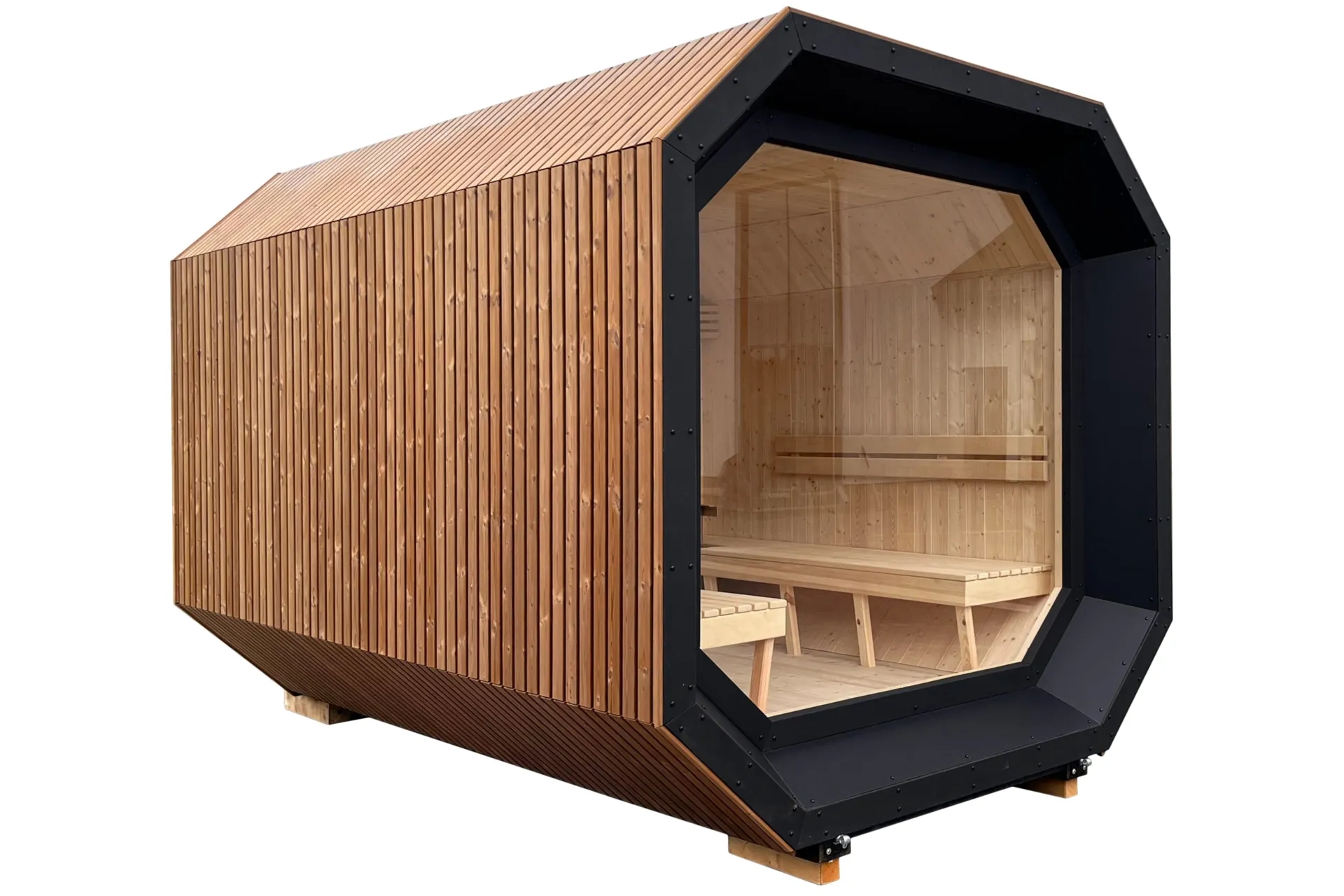 A modern garden sauna finished with wooden slats, featuring large glazing in a black frame and benches.