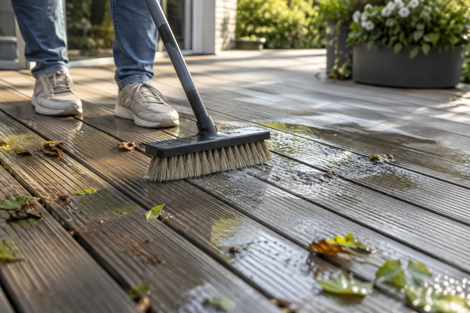 Cleaning composite decking boards after autumn leaf fall