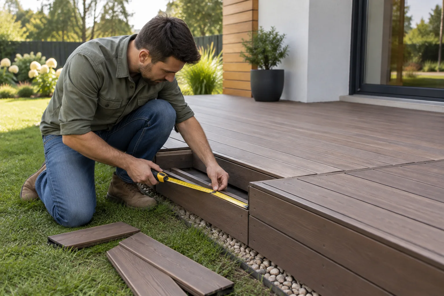 Measuring a short section of decking before choosing the boards