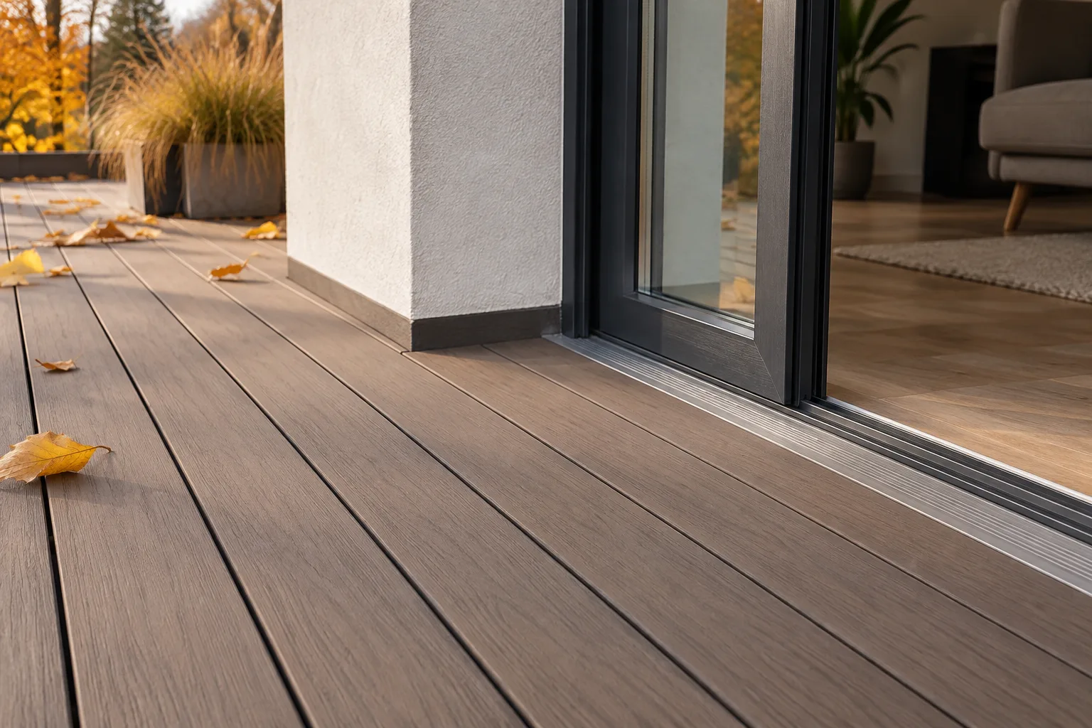 Detail of a composite decking board layout by a patio door threshold