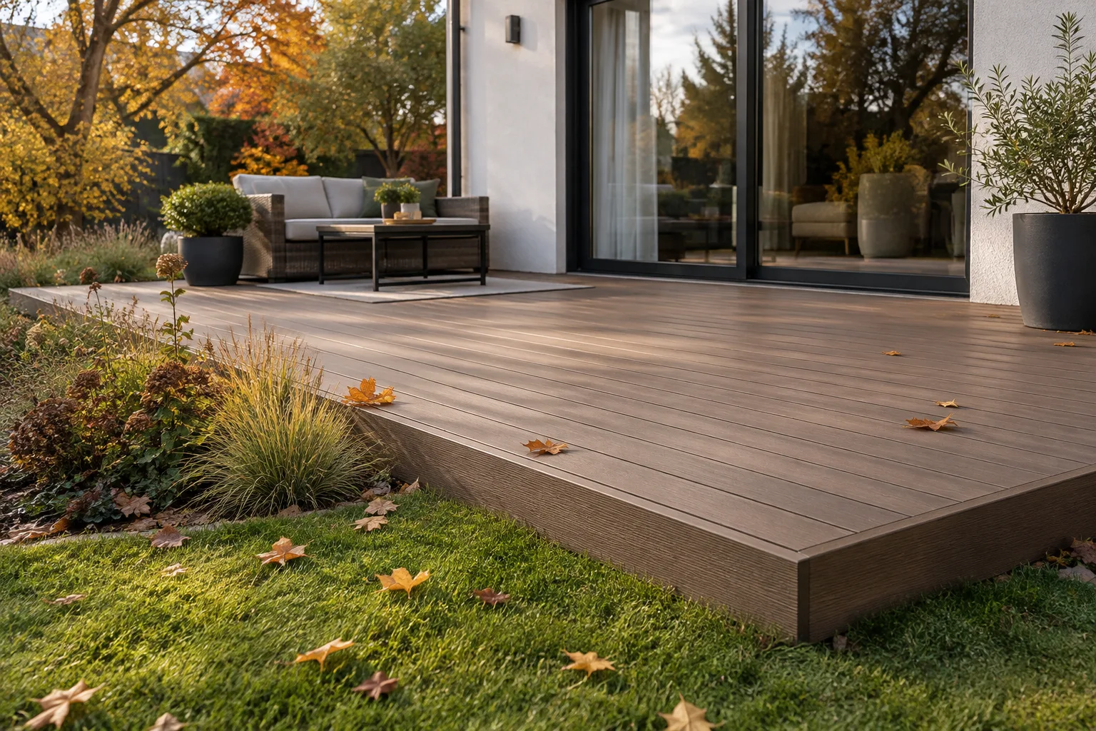 A finished composite terrace with an attractive finish by the house
