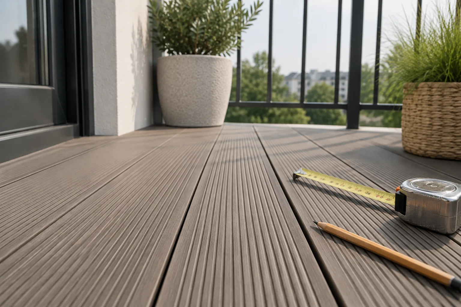 Detail of a grooved composite decking board and measuring a balcony