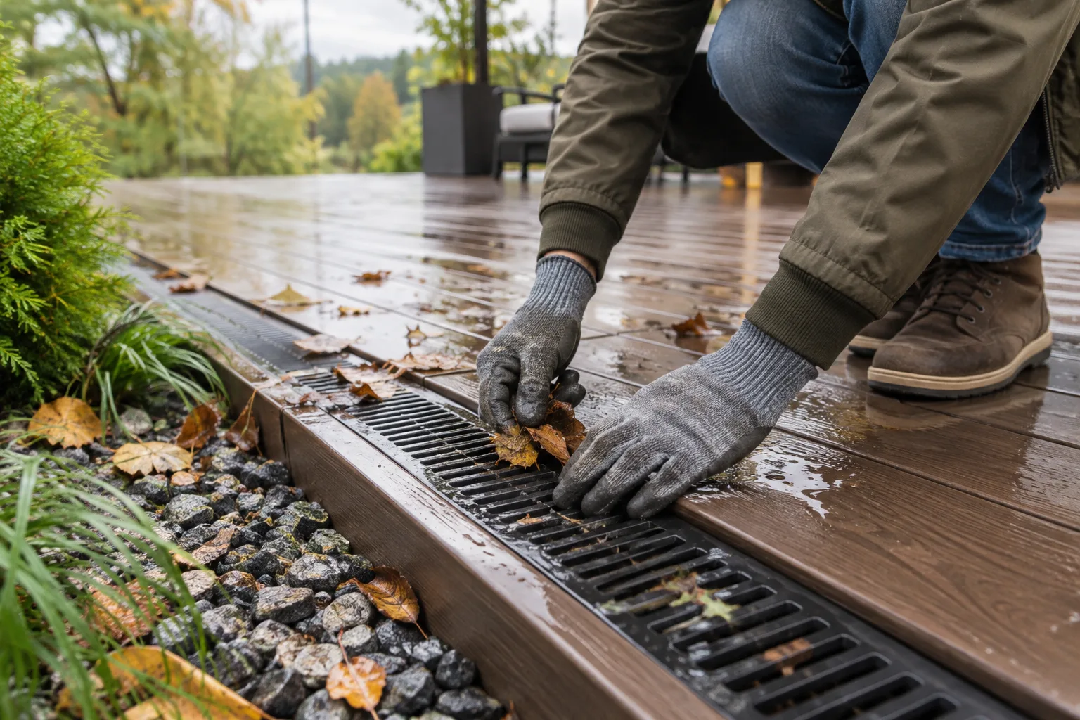 Checking water drainage on autumn decking