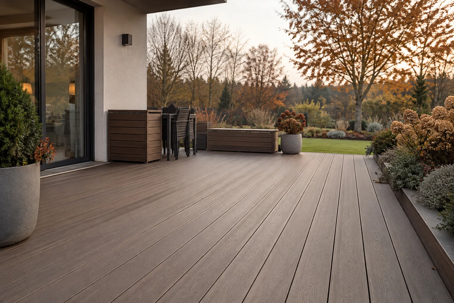 A composite patio prepared for autumn rain