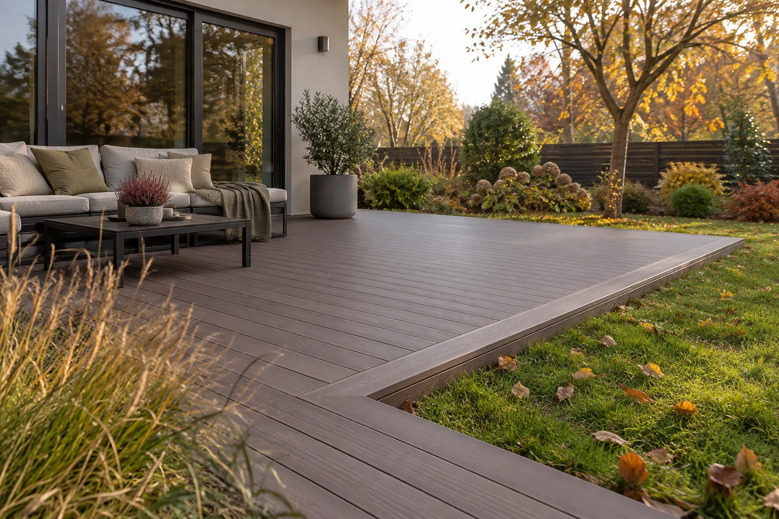 Finished composite deck with a corner and planned joints