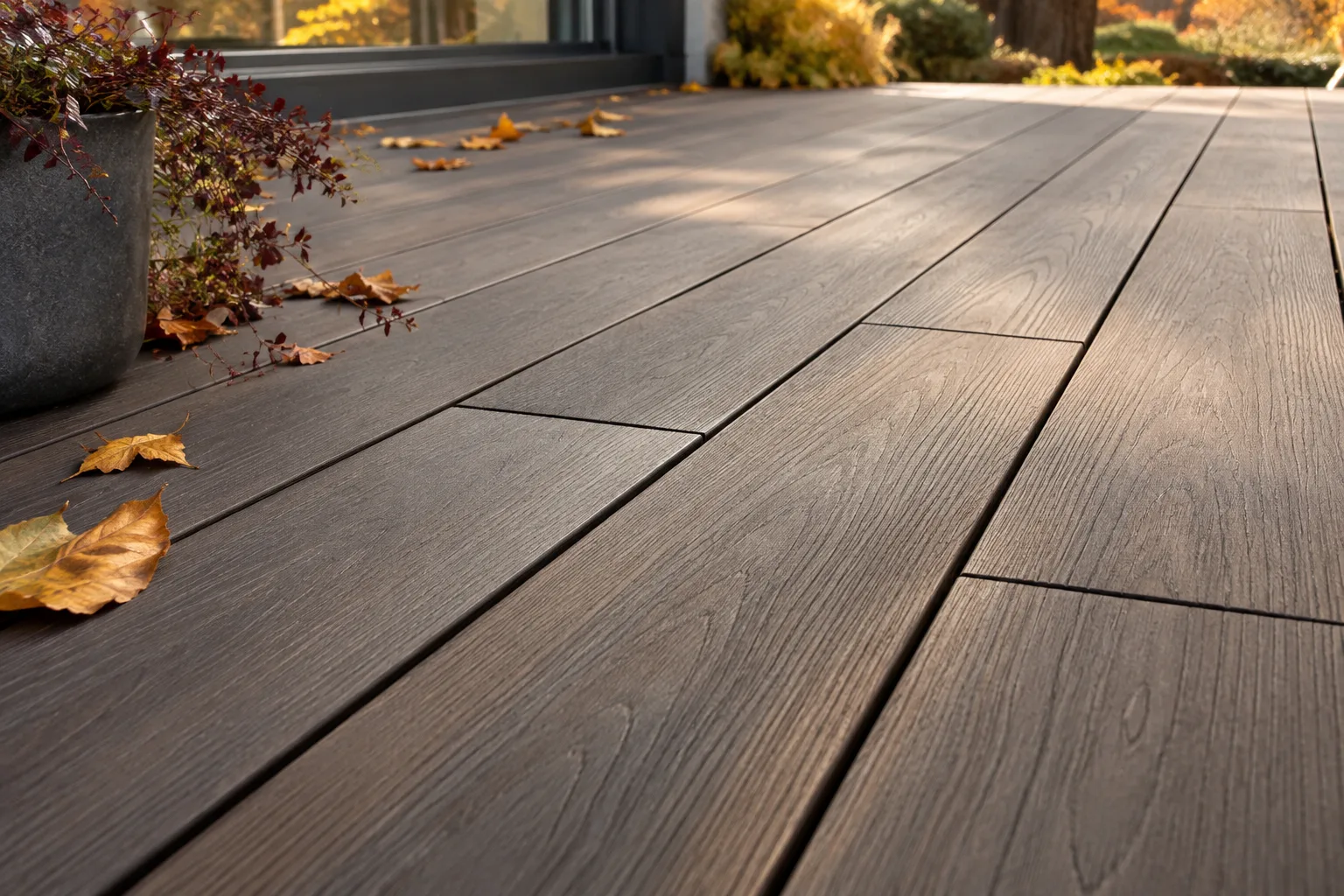Close-up of composite decking boards in different lengths