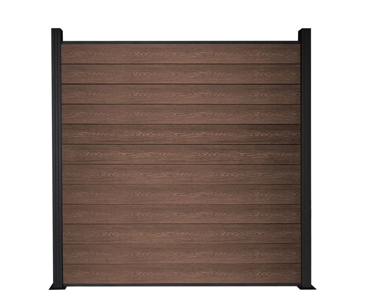 A composite fence panel made from brown woodgrain boards mounted between black posts.